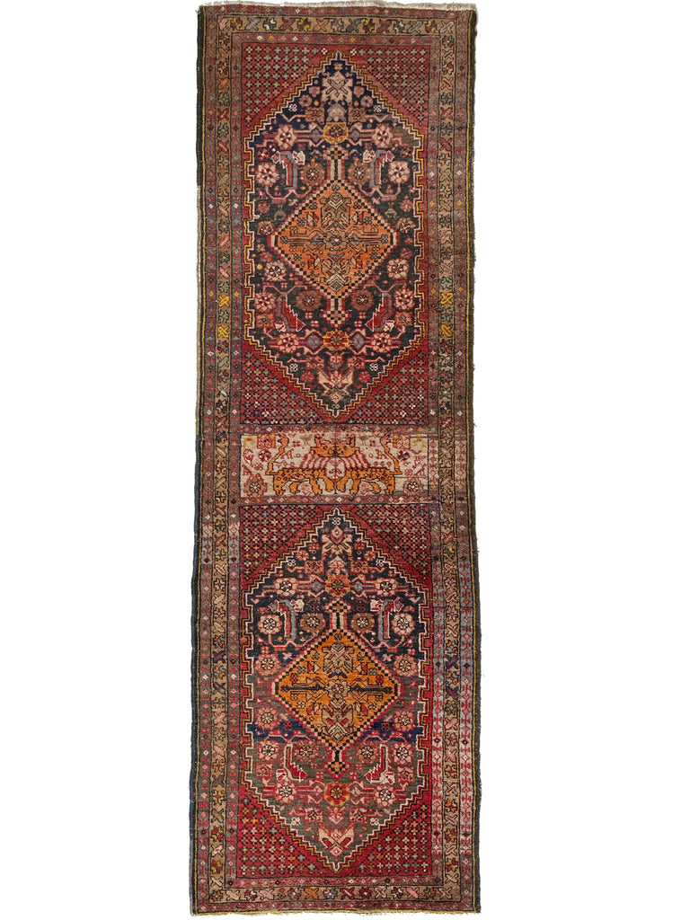 KISSING LIONS / LEOPARDS 😘  Rare & Decorative Antique Runner with Duel Feline Subjects [Wedding Rug?] | 2.11 x 10.6