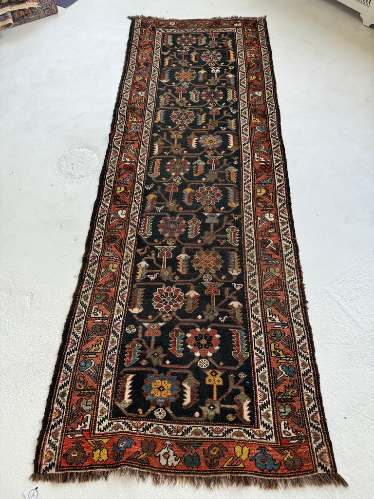 ATTRACTIVE Antique Northwest Persian Runner | Army, Sage, Lime Green with Terracotta & Lemon | 3.6 x 9.10