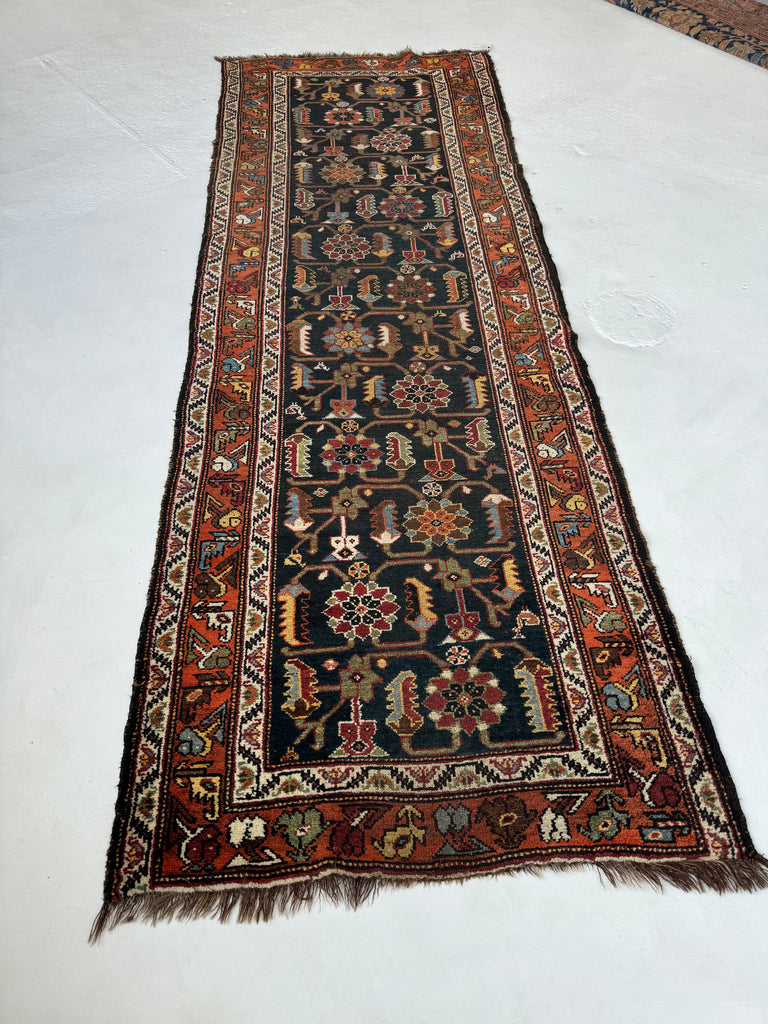 ATTRACTIVE Antique Northwest Persian Runner | Army, Sage, Lime Green with Terracotta & Lemon | 3.6 x 9.10