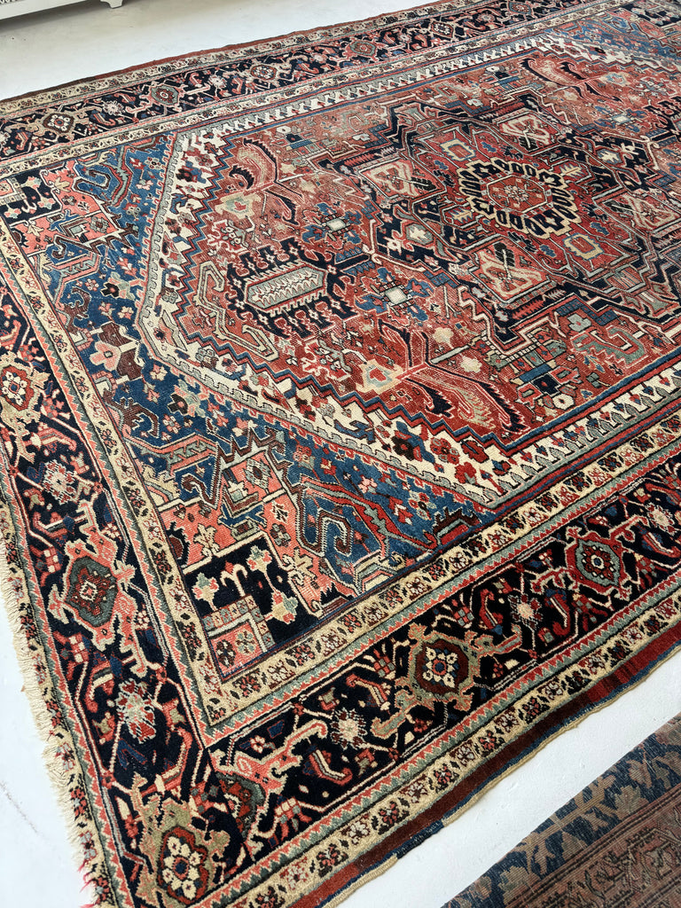 RESERVED FOR AUSTIN*** FREAKING BEAUTIFUL Large Antique Persian Heriz with Seljuk-Like Fence Perimeter I| Greens, Blues, Coral, Rusty Watermelon | ~ 10.5 x 14.3