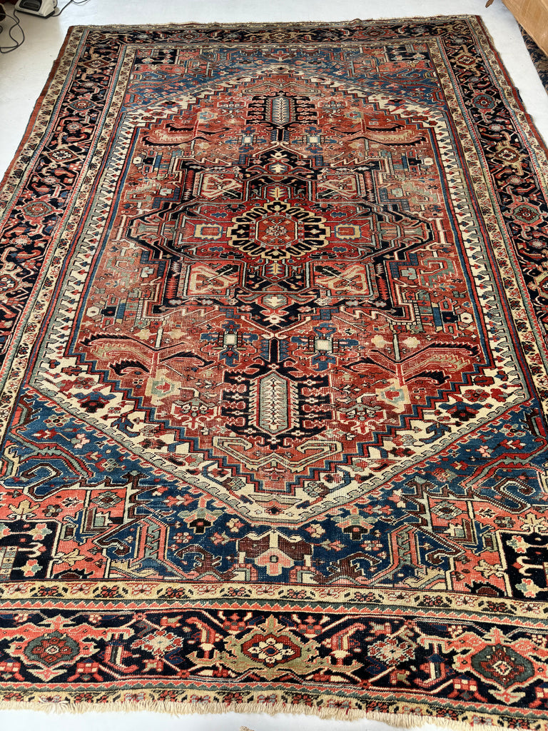 SOLD | FREAKING BEAUTIFUL Large Antique Persian Heriz with Seljuk-Like Fence Perimeter I| Greens, Blues, Coral, Rusty Watermelon | ~ 10.5 x 14.3