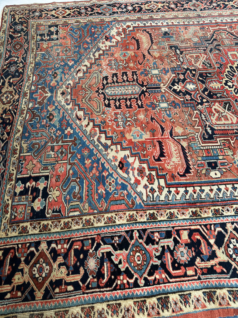 SOLD | FREAKING BEAUTIFUL Large Antique Persian Heriz with Seljuk-Like Fence Perimeter I| Greens, Blues, Coral, Rusty Watermelon | ~ 10.5 x 14.3