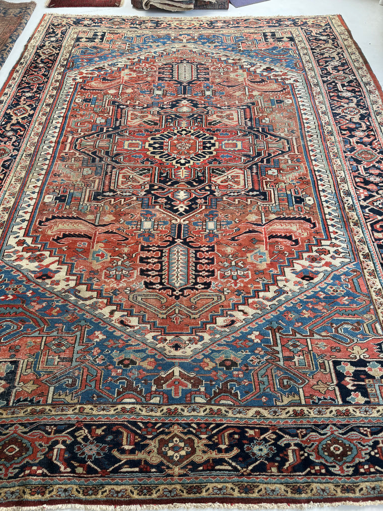 RESERVED FOR AUSTIN*** FREAKING BEAUTIFUL Large Antique Persian Heriz with Seljuk-Like Fence Perimeter I| Greens, Blues, Coral, Rusty Watermelon | ~ 10.5 x 14.3