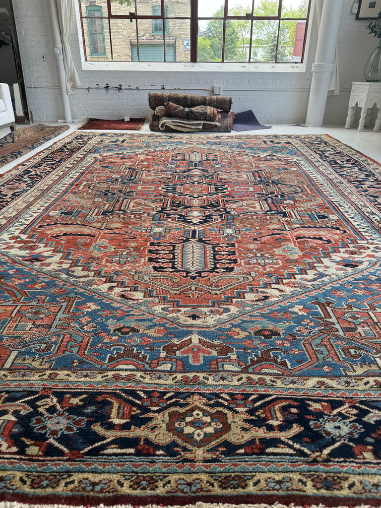 SOLD | FREAKING BEAUTIFUL Large Antique Persian Heriz with Seljuk-Like Fence Perimeter I| Greens, Blues, Coral, Rusty Watermelon | ~ 10.5 x 14.3