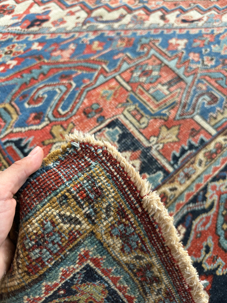 SOLD | FREAKING BEAUTIFUL Large Antique Persian Heriz with Seljuk-Like Fence Perimeter I| Greens, Blues, Coral, Rusty Watermelon | ~ 10.5 x 14.3