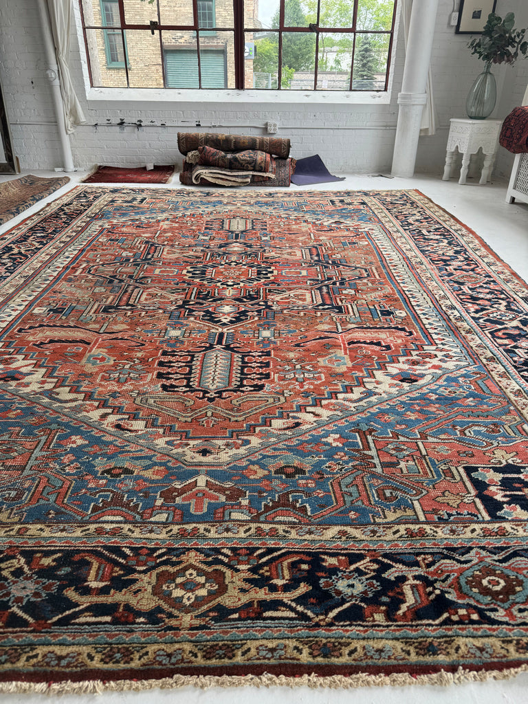 SOLD | FREAKING BEAUTIFUL Large Antique Persian Heriz with Seljuk-Like Fence Perimeter I| Greens, Blues, Coral, Rusty Watermelon | ~ 10.5 x 14.3