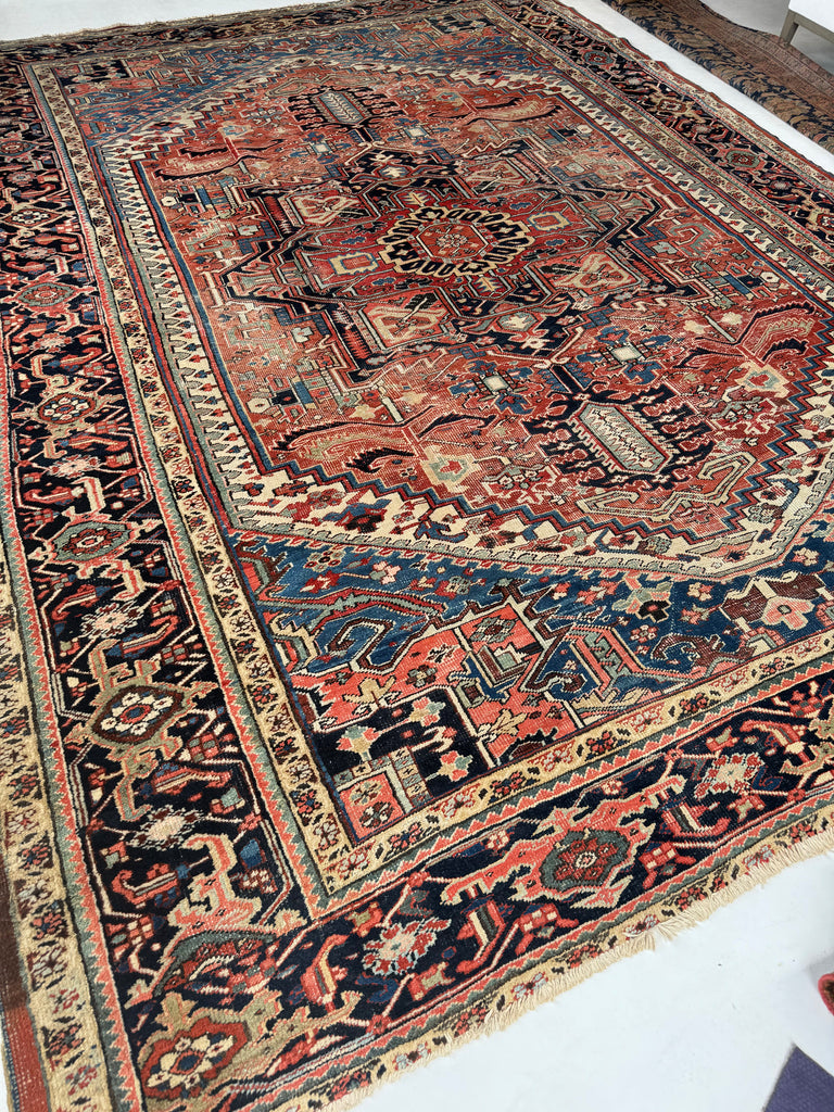 SOLD | FREAKING BEAUTIFUL Large Antique Persian Heriz with Seljuk-Like Fence Perimeter I| Greens, Blues, Coral, Rusty Watermelon | ~ 10.5 x 14.3