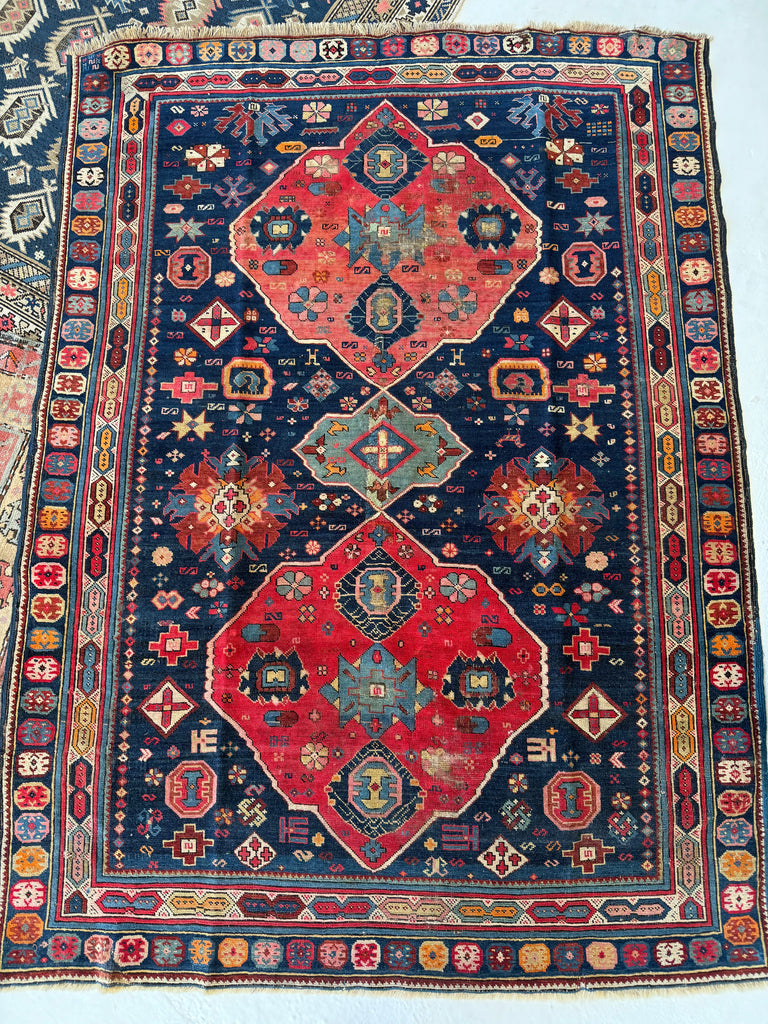 SOLD | OUTSTANDING Caucasian Kuba Rug | Watermelon, Seafoam, Tangerine, Rose, Amber, Indigo | 4.4 x 6