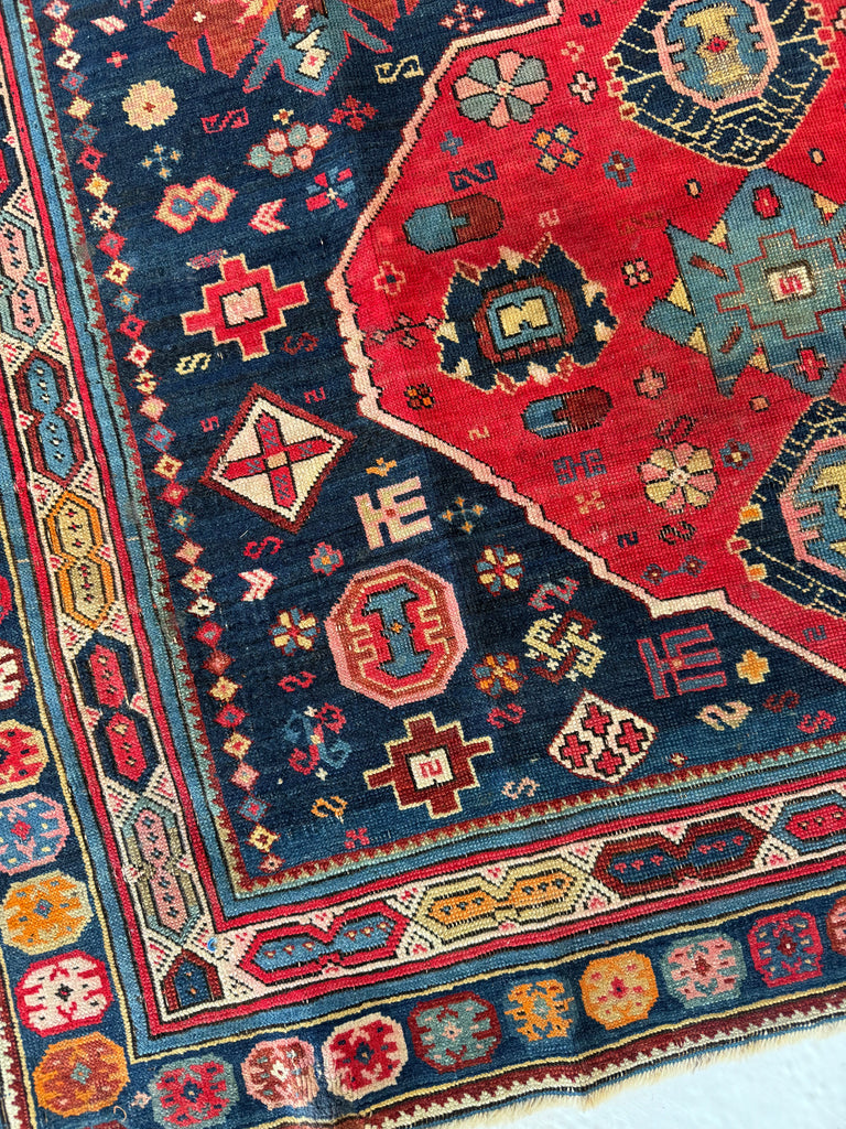 SOLD | OUTSTANDING Caucasian Kuba Rug | Watermelon, Seafoam, Tangerine, Rose, Amber, Indigo | 4.4 x 6