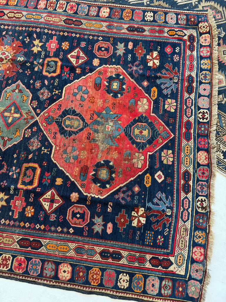 SOLD | OUTSTANDING Caucasian Kuba Rug | Watermelon, Seafoam, Tangerine, Rose, Amber, Indigo | 4.4 x 6