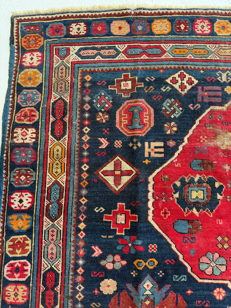 SOLD | OUTSTANDING Caucasian Kuba Rug | Watermelon, Seafoam, Tangerine, Rose, Amber, Indigo | 4.4 x 6