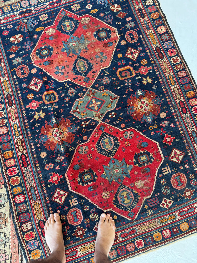 SOLD | OUTSTANDING Caucasian Kuba Rug | Watermelon, Seafoam, Tangerine, Rose, Amber, Indigo | 4.4 x 6