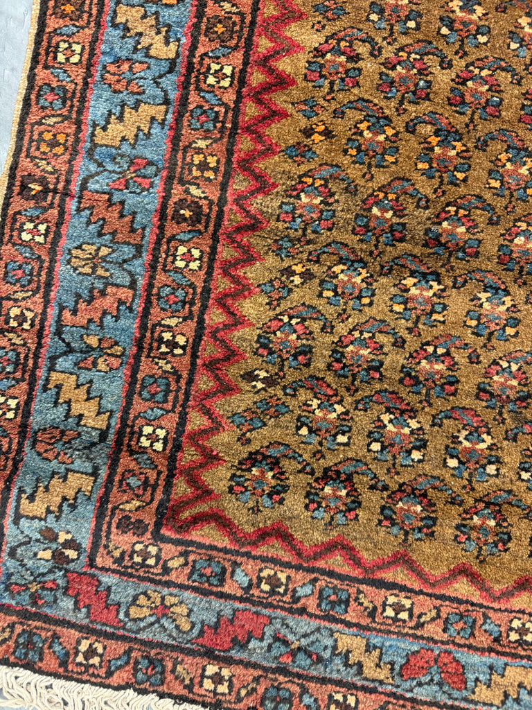 Antique SKY BLUE & CAMEL Serab Runner | Boteh Filled Field with Full Organic Wool Pile | 2.9 x 9.3