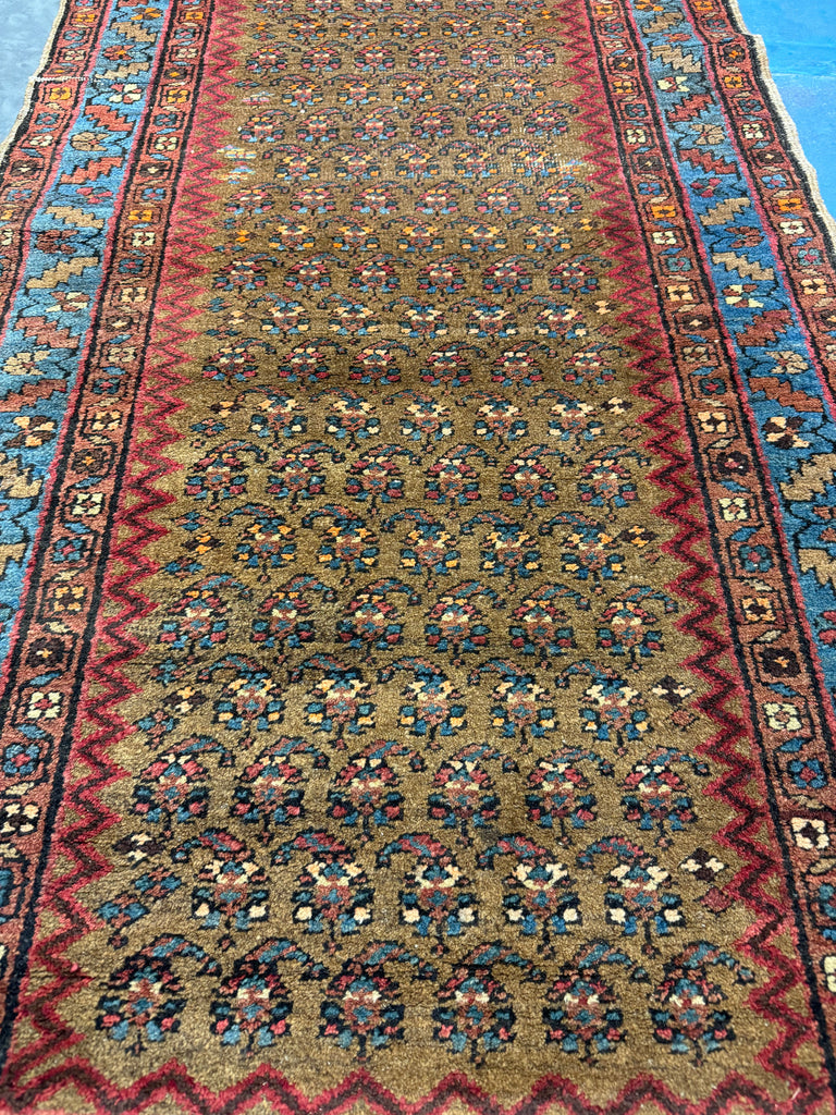 Antique SKY BLUE & CAMEL Serab Runner | Boteh Filled Field with Full Organic Wool Pile | 2.9 x 9.3