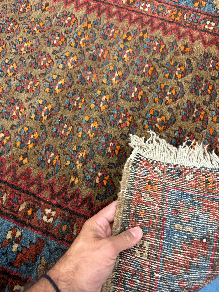 Antique SKY BLUE & CAMEL Serab Runner | Boteh Filled Field with Full Organic Wool Pile | 2.9 x 9.3