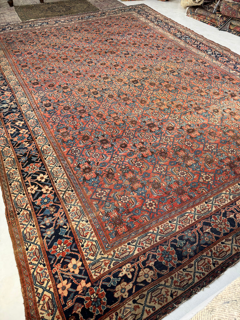 RESERVED FOR PHOTOSHOOT*** ENORMOUS PALACE SIZE Antique Persian Carpet | All-Over Water Garden in Variations of Rusty Clay, Crisp Blue & Teal, Walnut, Espresso Beige | 11 x 15