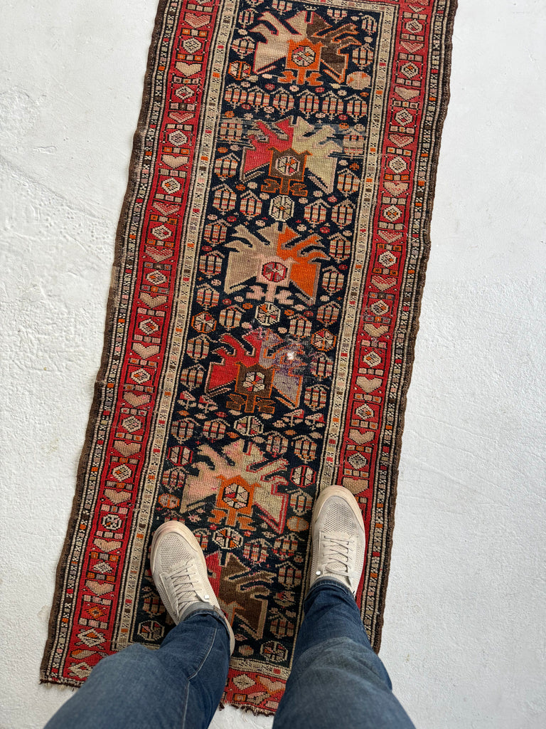 SOLD | RARE SIZE Short Narrow Runner with Serrated Palmettes & Botehs | Antique Caucasian Tribal runner | ~ 2.2 x 5.3