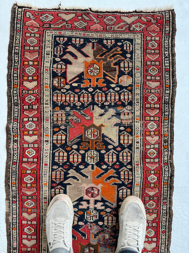 SOLD | RARE SIZE Short Narrow Runner with Serrated Palmettes & Botehs | Antique Caucasian Tribal runner | ~ 2.2 x 5.3