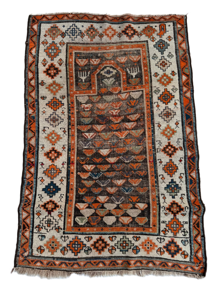 Charming Charcoal and Tangerine Antique Prayer Rug | Lovely Tribal throw rug | ~ 3 x 5