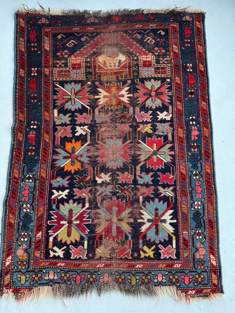 SOLD | BURSTING Colorful Palmettes Antique Caucasian Prayer Rug | Worn to Perfection | ~ 3 x 4.5