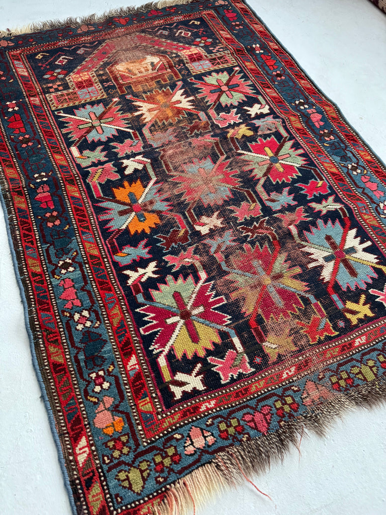 SOLD | BURSTING Colorful Palmettes Antique Caucasian Prayer Rug | Worn to Perfection | ~ 3 x 4.5