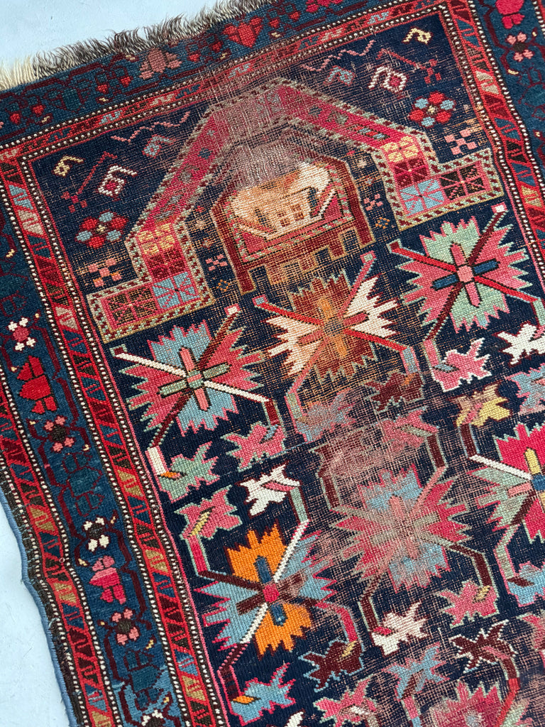 SOLD | BURSTING Colorful Palmettes Antique Caucasian Prayer Rug | Worn to Perfection | ~ 3 x 4.5