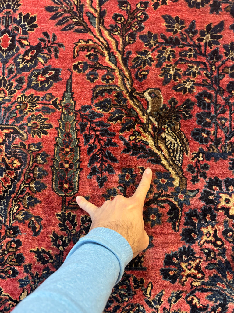 SOLD | SENSATIONAL Palatial Antique Persian Sarouk with PARADISE BIRDS & CYPRESS TREES | Incredible Soft Plush Glossy Wool | 10.4 x 19.9