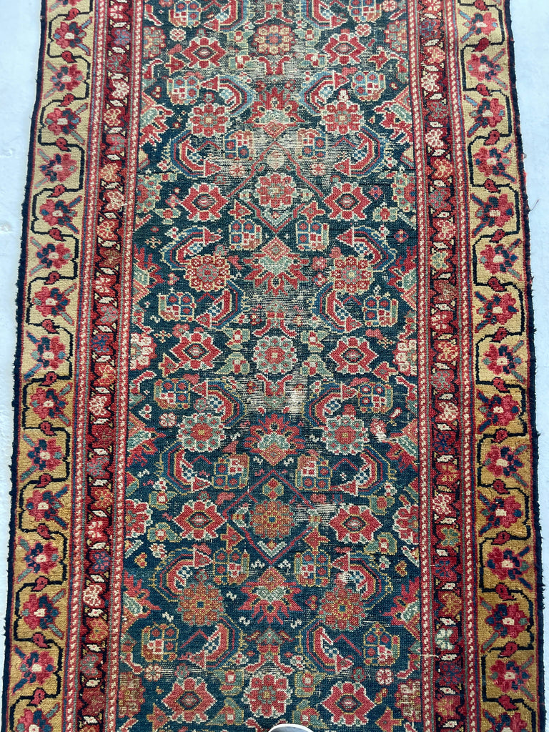 UNREAL Antique Veramain Malayer Runner | Saffron-Gold Border with Midnight Steel-Blues/Green Field | 2.9 x 15.6