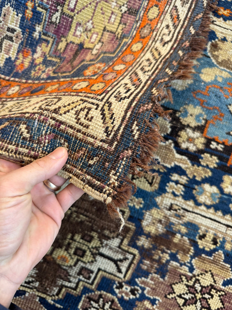 Old & Gorgeously Worn Caucasian Rug with Purple, Tangerine, & Charcoal | 3.6 x 5