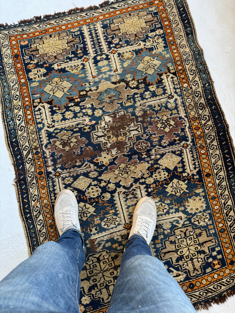 Old & Gorgeously Worn Caucasian Rug with Purple, Tangerine, & Charcoal | 3.6 x 5