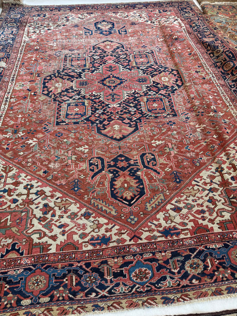 DECORATIVE Antique Heriz Carpet | Raw Earthy Rusty & Clay Undertones, Beige, Green, Coral, Camel, Indigo | 9.10 x 13.4