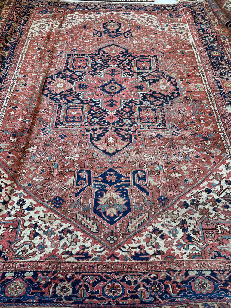 DECORATIVE Antique Heriz Carpet | Raw Earthy Rusty & Clay Undertones, Beige, Green, Coral, Camel, Indigo | 9.10 x 13.4