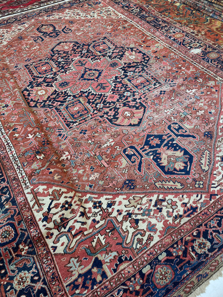 DECORATIVE Antique Heriz Carpet | Raw Earthy Rusty & Clay Undertones, Beige, Green, Coral, Camel, Indigo | 9.10 x 13.4