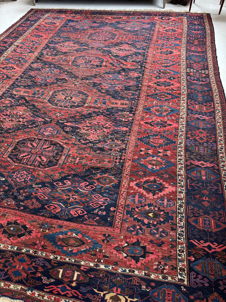 GORGEOUS Antique Tribal Sumak / Sumac / Soumak Carpet | Navy Rust & Coral Stunning Textile | ~ 10.5 x 14