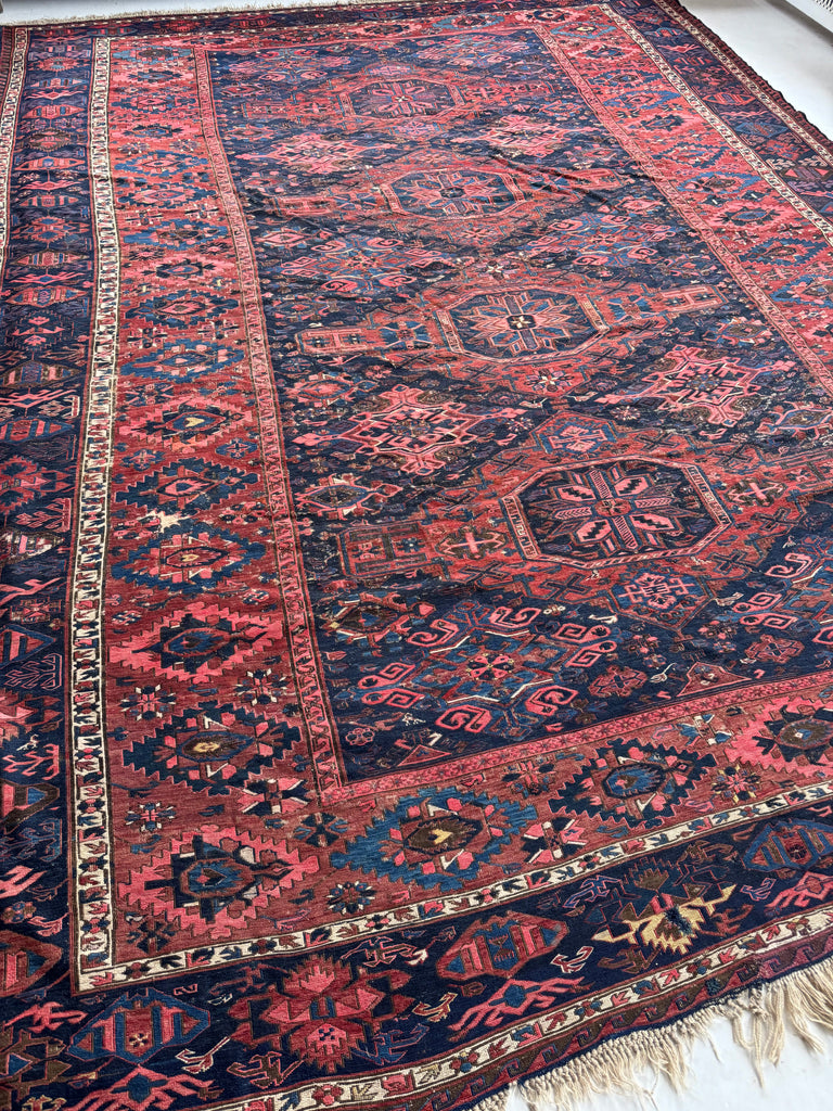 GORGEOUS Antique Tribal Sumak / Sumac / Soumak Carpet | Navy Rust & Coral Stunning Textile | ~ 10.5 x 14