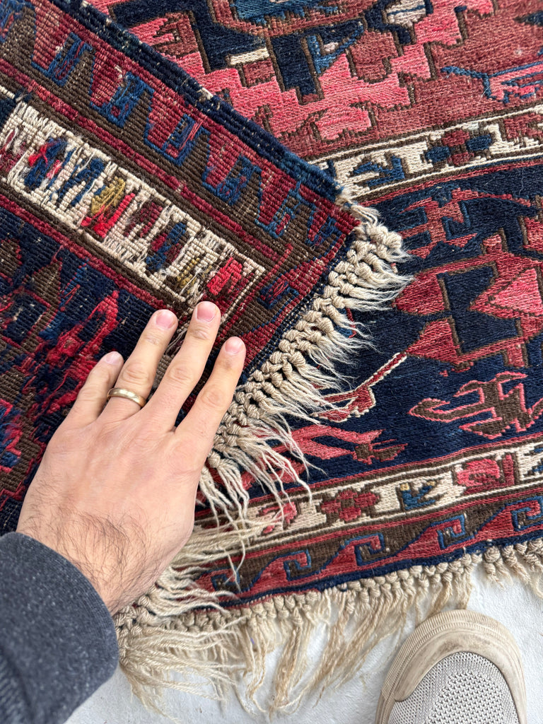 GORGEOUS Antique Tribal Sumak / Sumac / Soumak Carpet | Navy Rust & Coral Stunning Textile | ~ 10.5 x 14