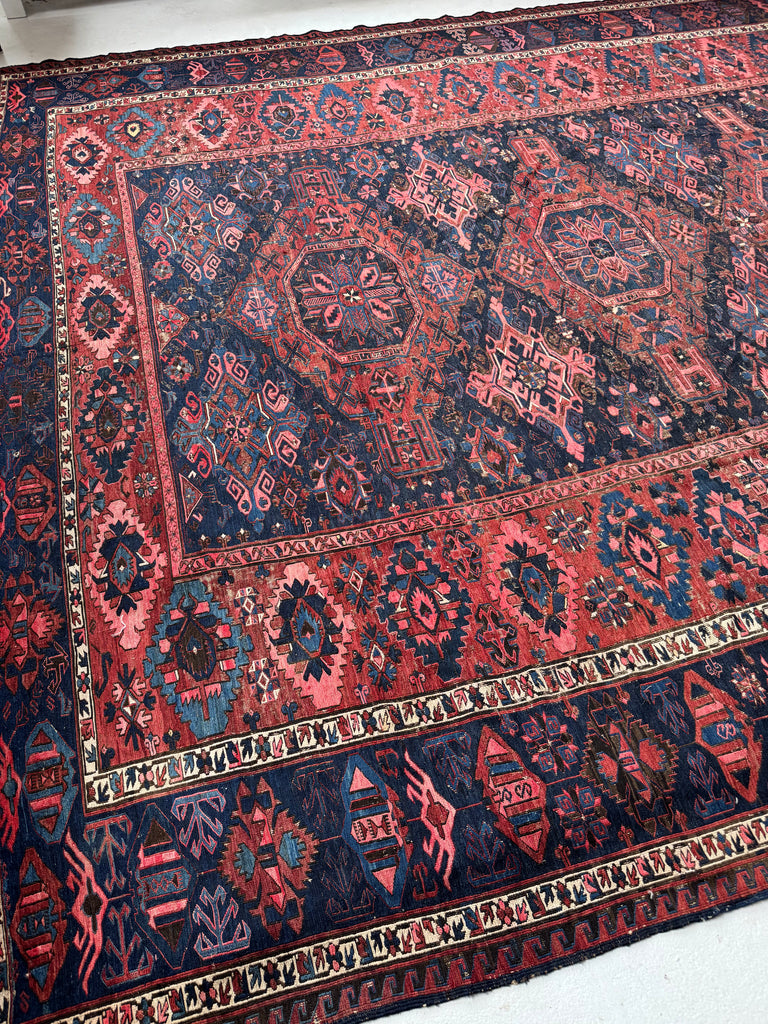 GORGEOUS Antique Tribal Sumak / Sumac / Soumak Carpet | Navy Rust & Coral Stunning Textile | ~ 10.5 x 14