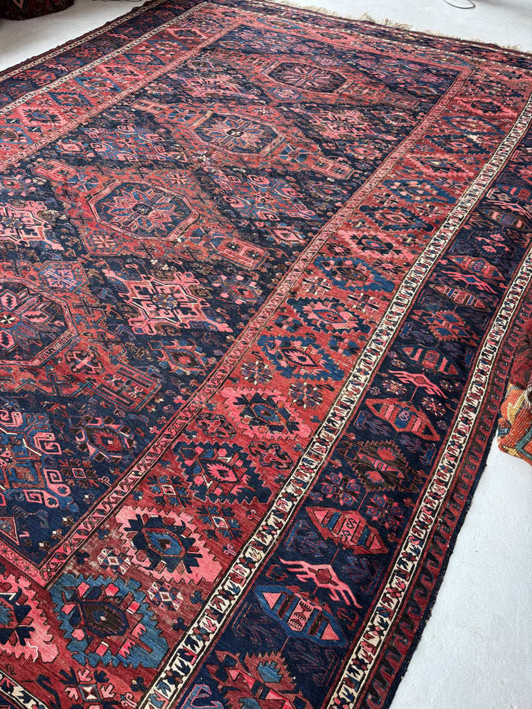 GORGEOUS Antique Tribal Sumak / Sumac / Soumak Carpet | Navy Rust & Coral Stunning Textile | ~ 10.5 x 14