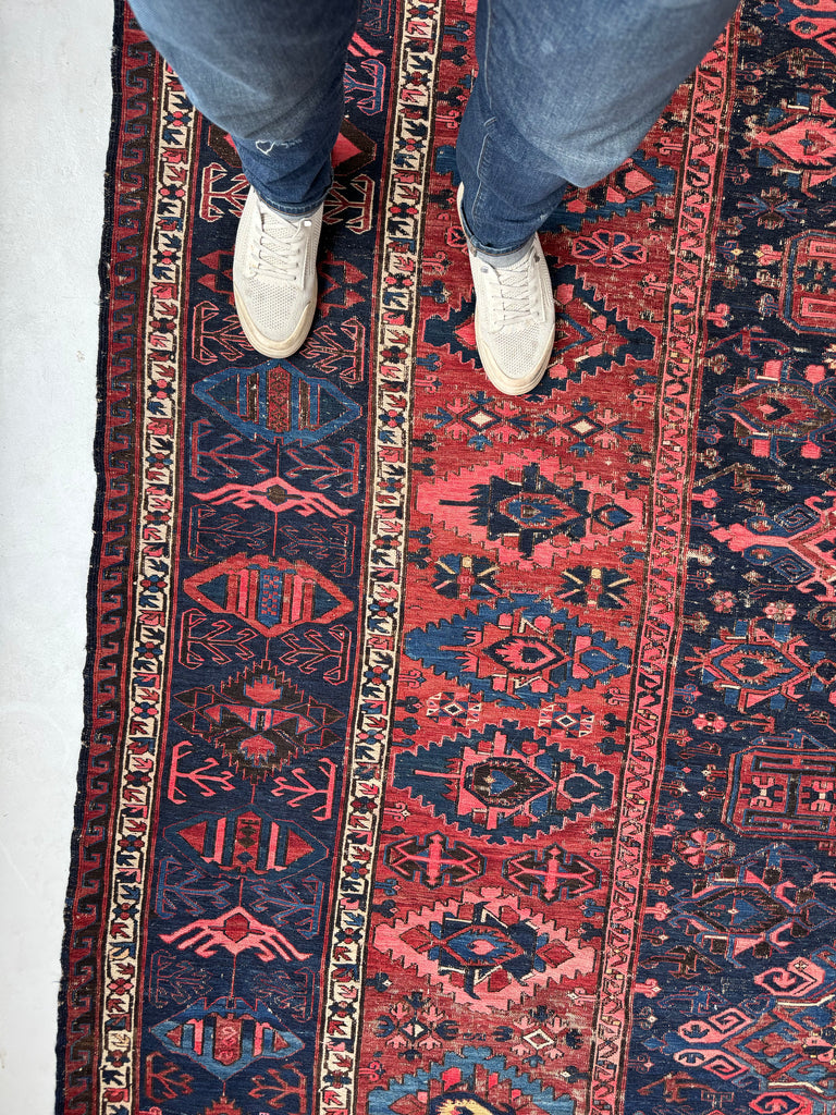 GORGEOUS Antique Tribal Sumak / Sumac / Soumak Carpet | Navy Rust & Coral Stunning Textile | ~ 10.5 x 14