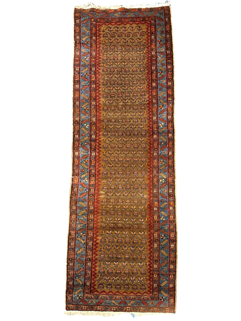 Antique SKY BLUE & CAMEL Serab Runner | Boteh Filled Field with Full Organic Wool Pile | 2.9 x 9.3