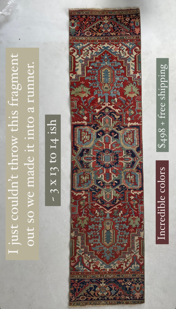 RESERVED FOR MELISSA***FUNKY Customized Runner Fragment from Gorgeous Antique Heriz Carpet ~ 3.4 x 13.4