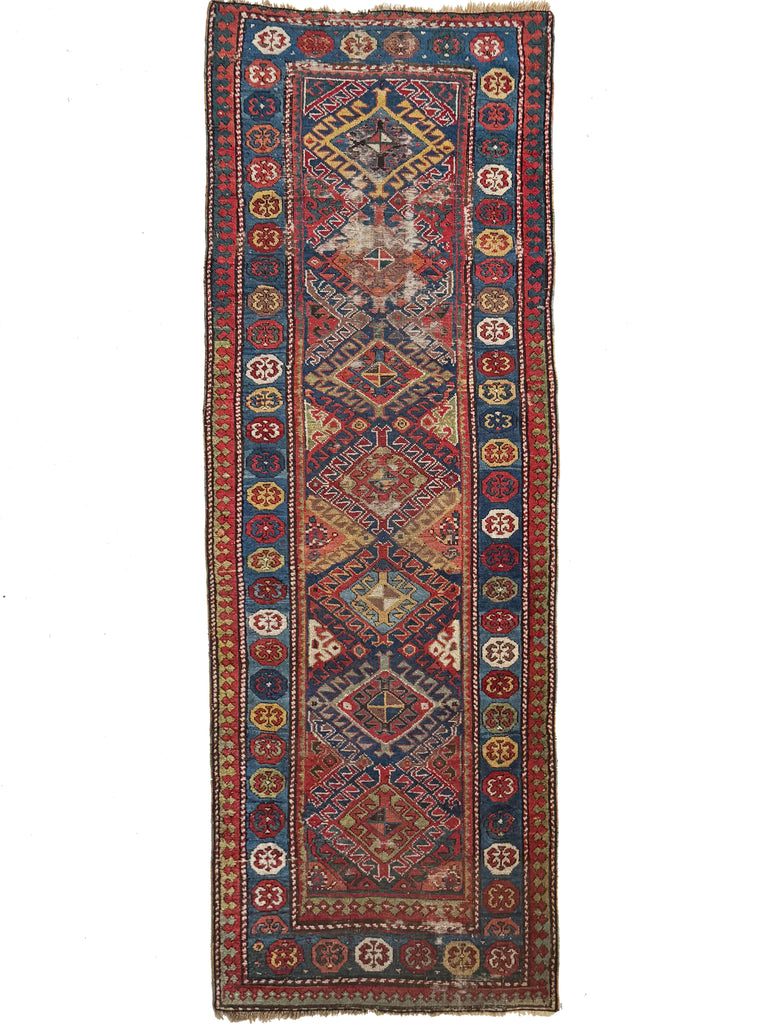 SOLD | OLLLLLLD Beauty Antique KAZAK Tribal Runner | Denim Blue, Aubergine, Kiwi Green, Teal, Saffron | ~ 3 x 9