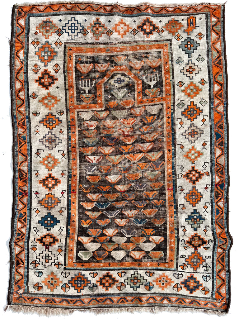 Charming Charcoal and Tangerine Antique Prayer Rug | Lovely Tribal throw rug | ~ 3 x 5