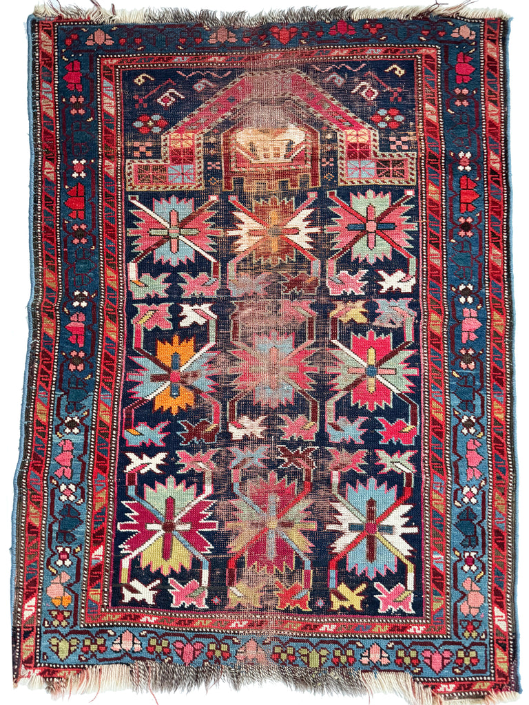 SOLD | BURSTING Colorful Palmettes Antique Caucasian Prayer Rug | Worn to Perfection | ~ 3 x 4.5