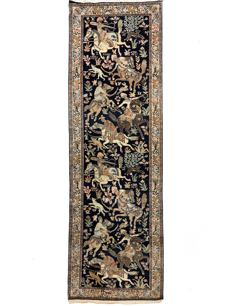 KASHMIR SILK Royal Hunting Scene Mint Condition Vintage Runner | Lovely Scenic Gem | ~ 2.6 x 10