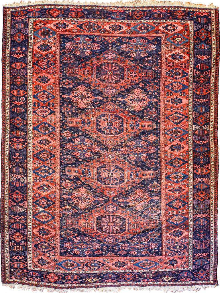 GORGEOUS Antique Tribal Sumak / Sumac / Soumak Carpet | Navy Rust & Coral Stunning Textile | ~ 10.5 x 14