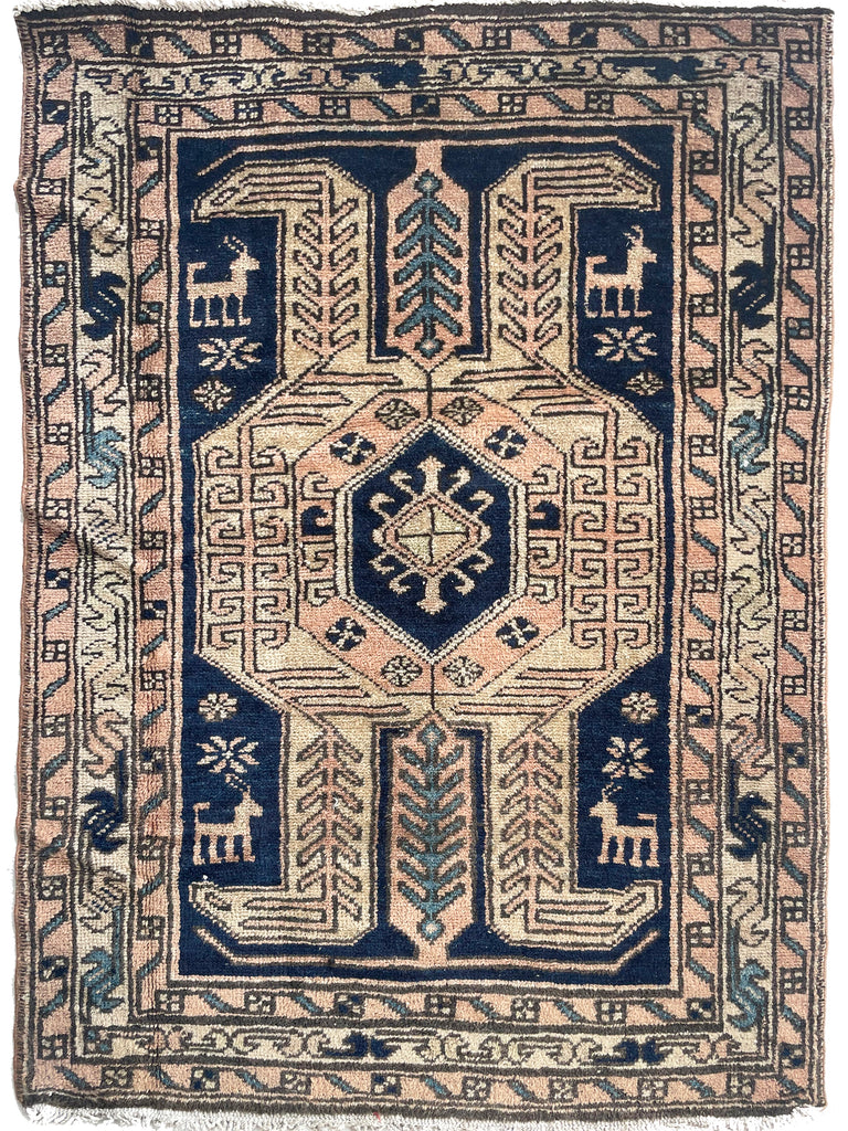 GLOWING Tribal Rug with Protective Animals | Soft Apricot, Deep Indigo, Slatey Blue | ~ 3 x 5