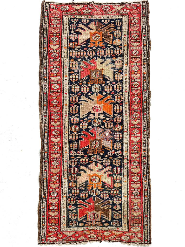 RARE SIZE Short Narrow Runner with Serrated Palmettes & Botehs | Antique Caucasian Tribal runner | ~ 2.2 x 5.3