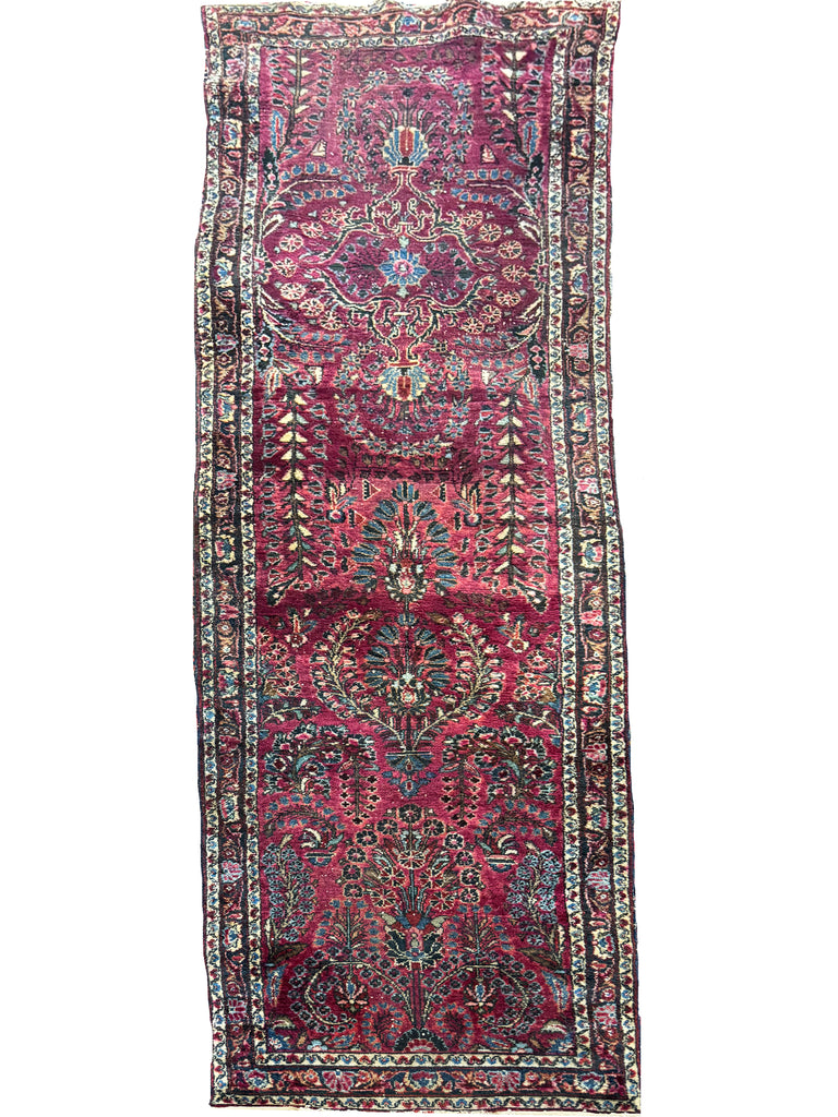 PAINTED PERSIAN PLUM Antique Sarouk Runner | Amazing size, Gorgeous Marbling Hues | 2.8 x 9