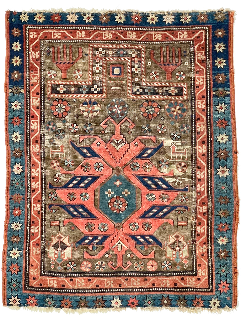 SWEET Oxidized Almond, Teal, & Rusty-Coral Prayer Rug with Hand Motifs & Animals | ~ 3 x 5